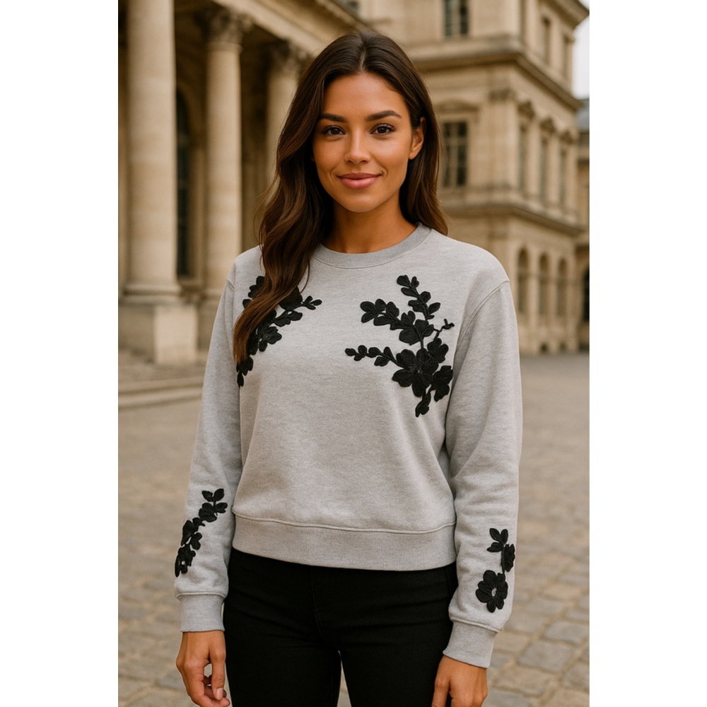 Express Floral Lace Appliqué Sweatshirt Pullover Black Gray S Buttery Soft Cozy